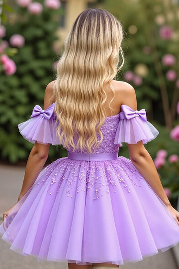 Lavender Tulle Ruffled Short Sleeves Corset Mini Prom Dress with Appliques